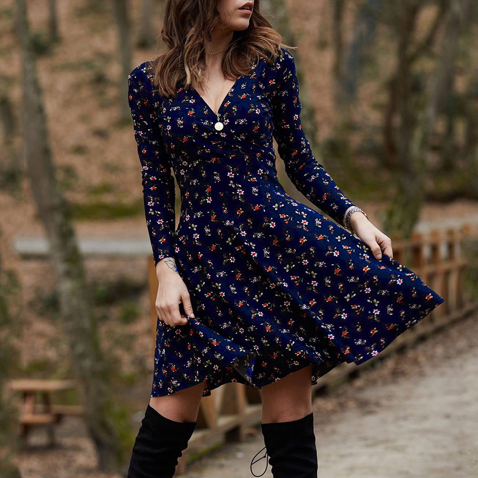 Pleated V-Neck Dress